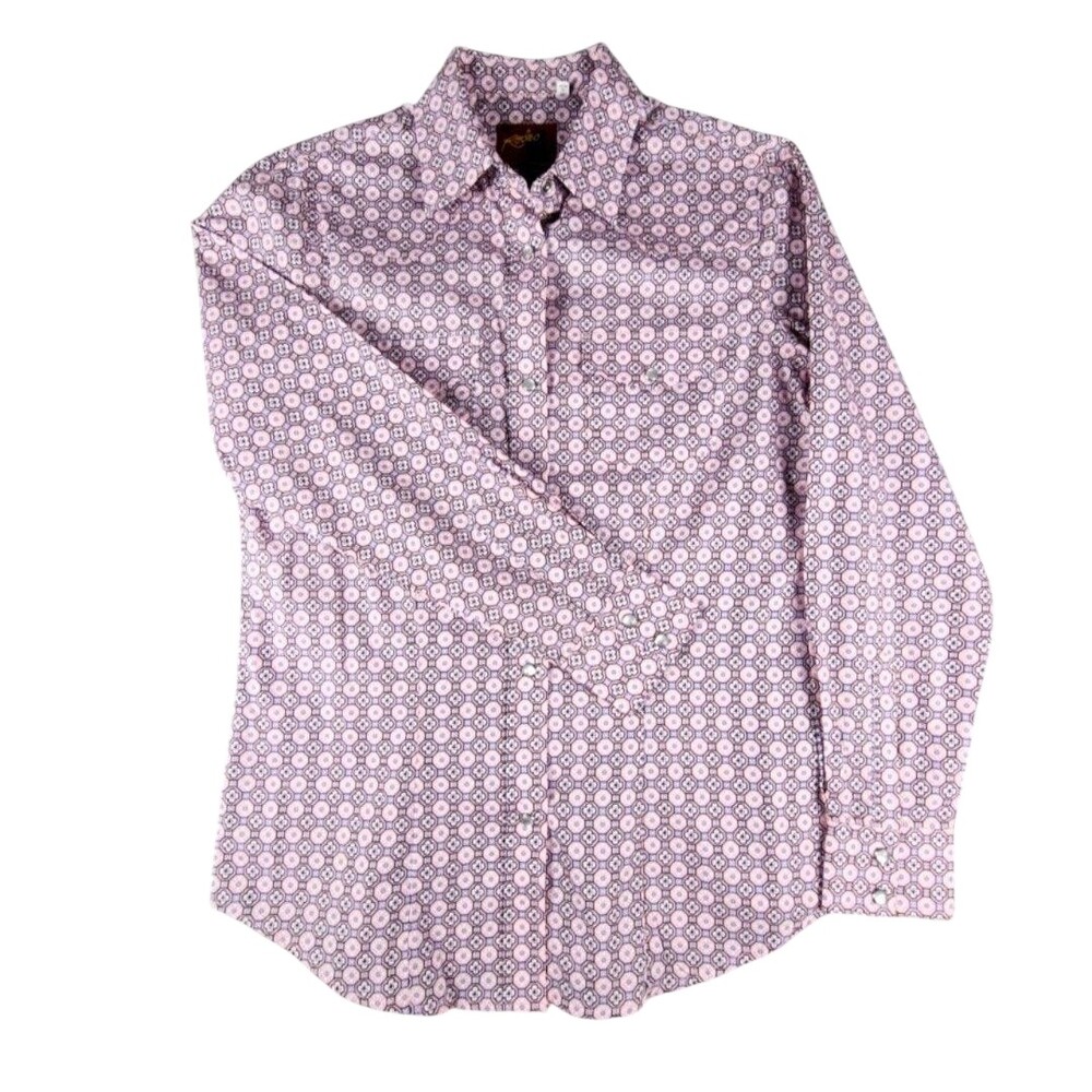 Rodeo Clothing Co Shirt Small Pink Geometric Long Sleeve Snap Front Western